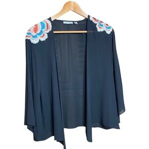 Joan Rivers black sheer open-front kimono with embroidered flowers size-small
